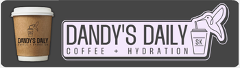 Dandy’s Daily Coffee + Hydration logo banner featuring a to-go coffee cup and a stylized hummingbird.